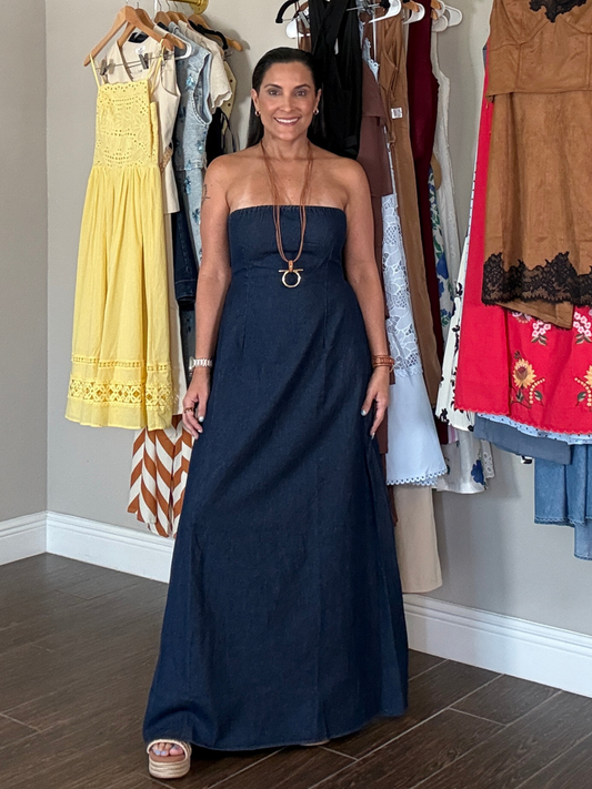 Riviera Bow Denim Maxi Dress-RESTOCK (Pre-Orden Noviembre 20 Approx.)