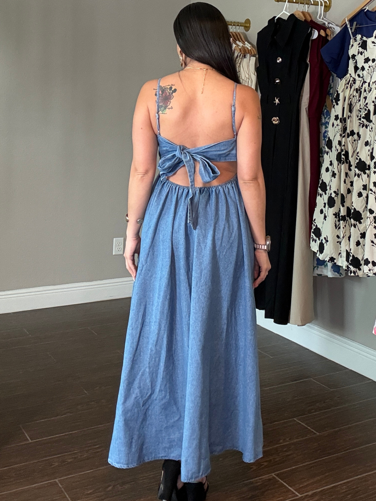 Denim Romance Open Back Midi Dress