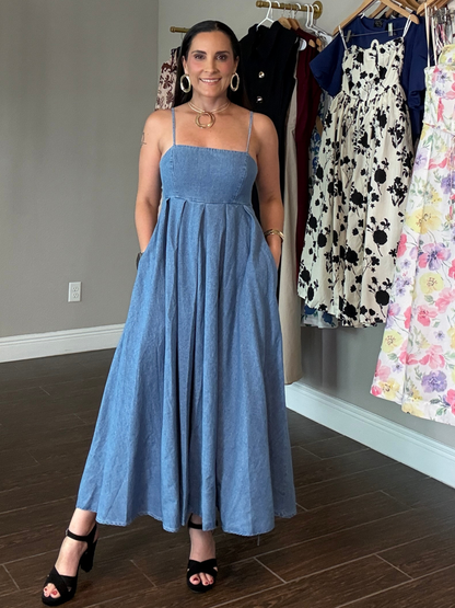 Denim Romance Open Back Midi Dress