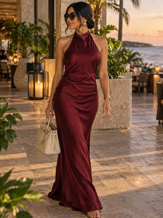 Merlot Satin Halter Maxi Dress (Pre-Orden Octubre 1 Approx.)